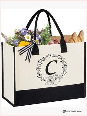 Large Canvas Tote Bag Personalized Initial Letter Foldable Durable
